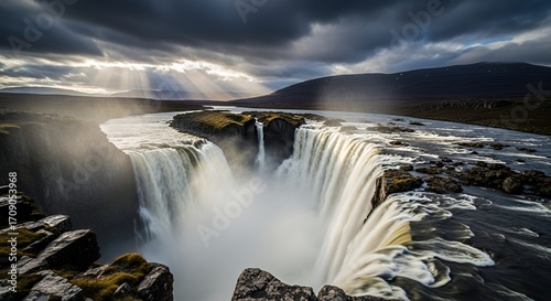 Majestic Waterfall in Iceland During Dramatic Cloudy Sky with Sun Rays Over Mountain Range