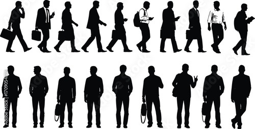 Silhouettes of diverse business people walking and standing, holding briefcases and backpacks, casual and formal attire, urban commute, professional lifestyle concept.