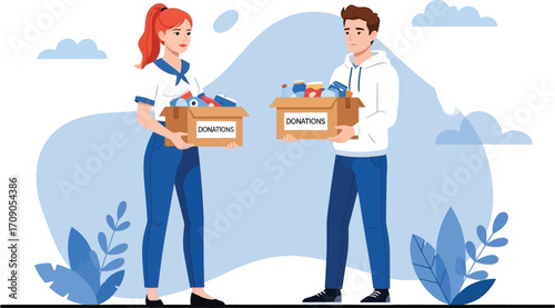 Kind volunteers carrying donation boxes filled with essentials for community support