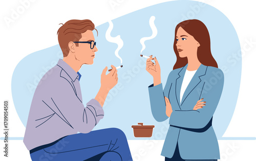 Colleagues share a smoking break discussing work challenges in a modern office setting