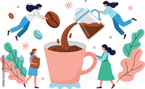 Joyful women celebrate coffee creation, pouring rich brew into a giant pink mug with vibrant plant accents.
