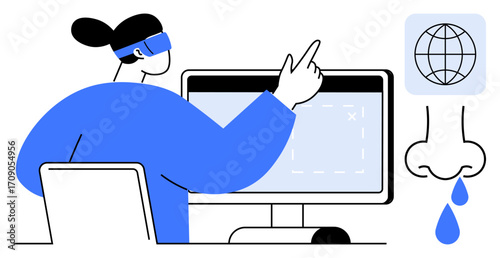 Person wearing virtual reality headset interacts with desktop screen, pointing to interface elements. Ideal for topics thumbs up innovation, technology, VR, globalization, interactivity
