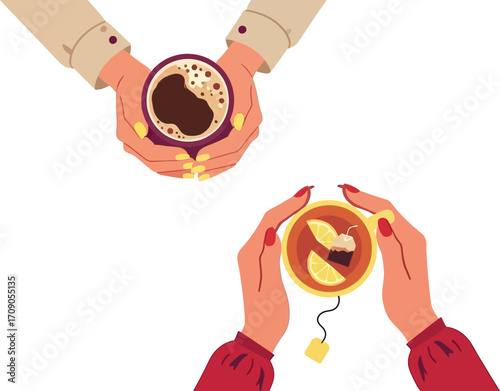 Friends sharing coffee and tea, moments of connection and relaxation, overhead view