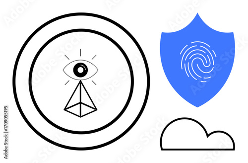 Eye in a pyramid within a circle, shield with fingerprint, cloud icon. Ideal for security, privacy, surveillance, data storage, vision authentication safety. Represents a simple flat metaphor
