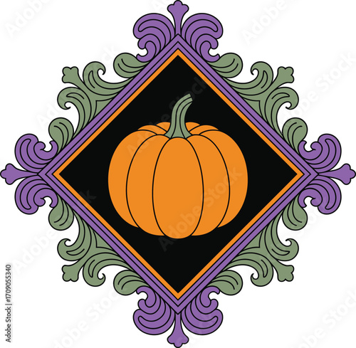 Orange pumpkin in ornate purple and green diamond frame