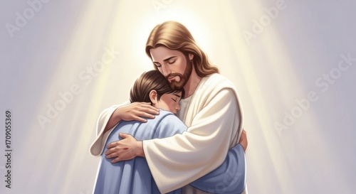 An illustration of Jesus Christ giving a gentle and loving hug to a young boy, surrounded by divine light. A symbol of faith, comfort, and protection.