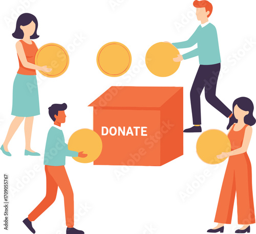 People generously donate coins to a bright orange donation box, showcasing community support and charitable giving.