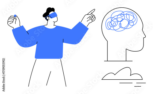 Man wearing VR headset interacts with virtual elements. Abstract human head with tangled brain lines. Ideal for mental health, VR concepts, technology, neurotechnology, creativity, mindfulness