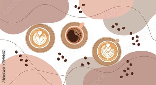 Beautifully crafted latte art cups and coffee beans create a warm inviting scene for morning relaxation