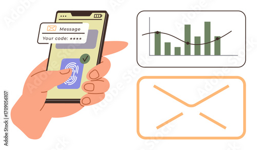 Fingerprint scan on phone, message with code, email icon, and chart presenting data trends. Ideal for security, finance, technology, analytics communication verification innovation. Clean simple