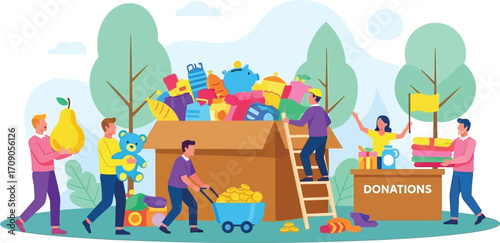 Volunteers enthusiastically collect donations like toys and clothes, spreading joy and community spirit.