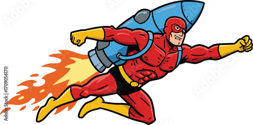 Superhero with jetpack flying fast, cartoon comic style, red costume, flame booster, action hero, dynamic illustration, powerful character, speed flight.