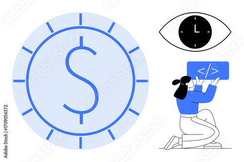 Large currency icon, woman writing code on tablet, eye with clock in pupil. Ideal for finance, web development, time management, productivity, innovation, collaboration simple landing page