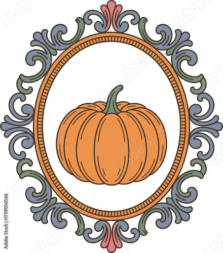 Orange pumpkin in ornate circular frame gourd squash