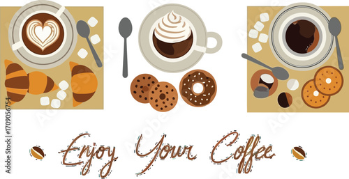 Delightful coffee break with croissants, donuts, and sugar cubes, perfect for morning bliss.