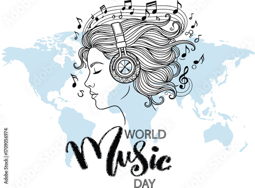 Woman enjoying global music with headphones and notes, celebrating World Music Day