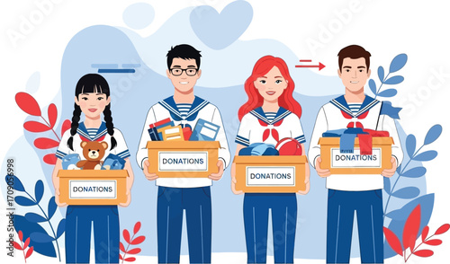 Joyful students collecting donations for charity spreading kindness and community spirit with care packages