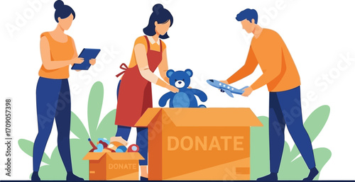 Volunteers organize donations for charity, spreading kindness and community spirit with joy.
