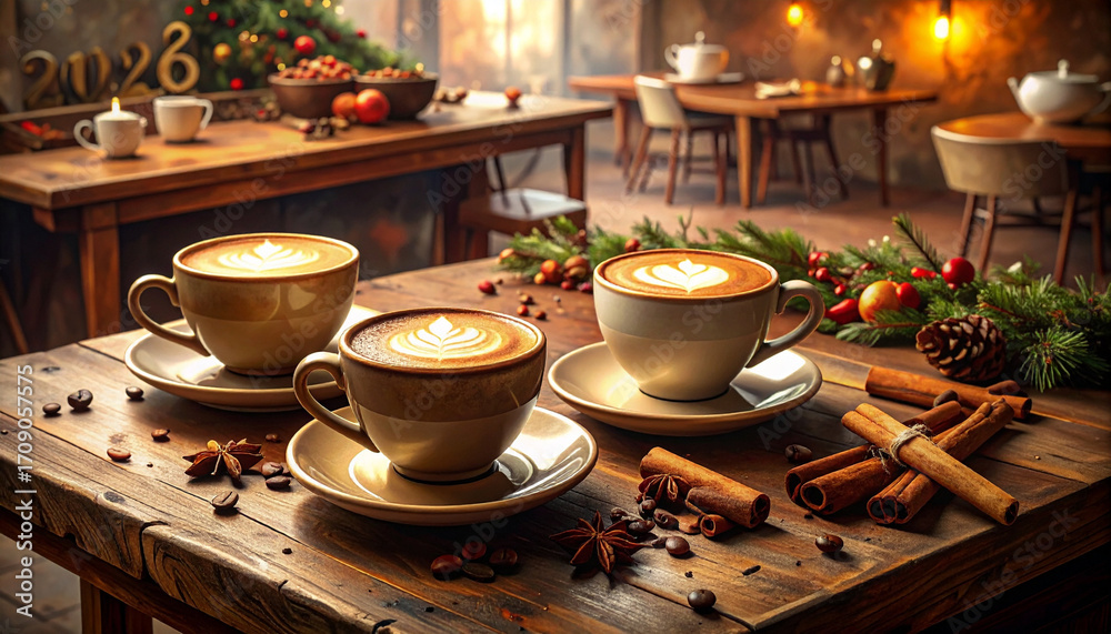 Fototapeta premium Festive Coffee Break Latte Art Cinnamon and Holiday Cheer on Rustic Wood Table.