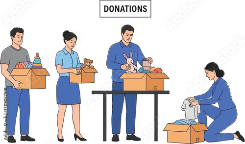 People happily donating toys and clothes, spreading kindness and community spirit through charitable giving.