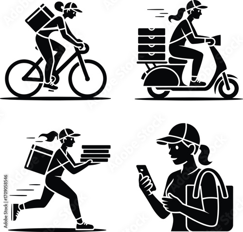 Fast Food Delivery Girl Icon Set – Scooter, Bicycle, Running & App-Based Courier Vectors