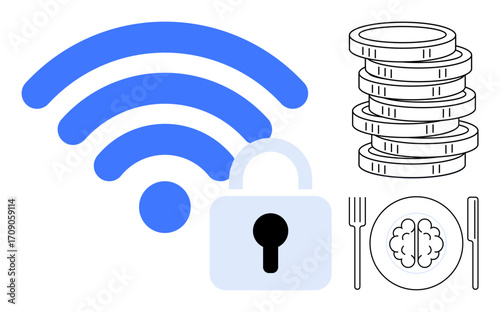 wireless signal, lock, stacked coins, and brain on a plate with utensils highlight privacy, data security, and consumerism risks. Ideal for cybersecurity, intellectual property, technology ethics