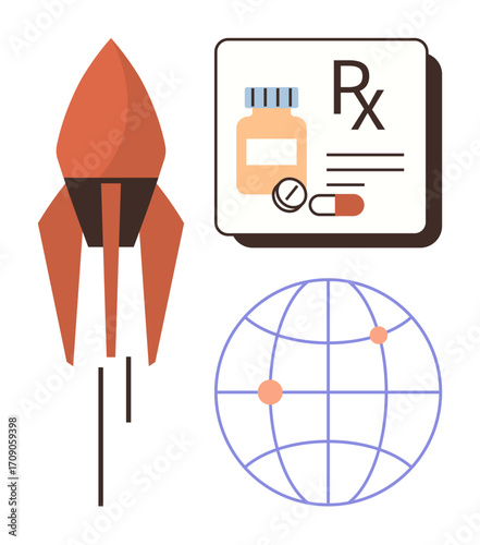 Rocket symbolizes rapid progress globe represents global reach prescription overlaps healthcare. Ideal for medicine, innovation, technology, pharmaceutical industry, globalization, progress, simple
