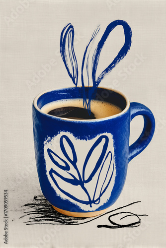 Contemporary art coffee illustration with bold blue ceramic mug, hand painted leaf motif and expressive brushstroke steam on textured neutral canvas background