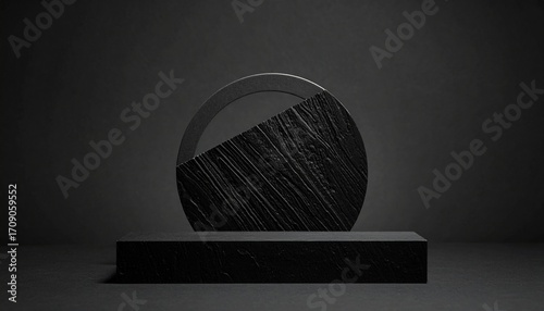 Black podium or pedestal display on dark background with long platform. Blank product shelf standing backdrop.