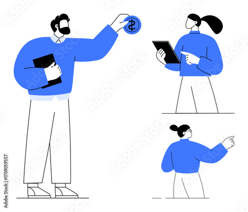 Three people interacting, one holding a coin, another reviewing finances on a tablet, and one pointing. Ideal for teamwork, finance, consultation, decision-making, planning strategy simple landing