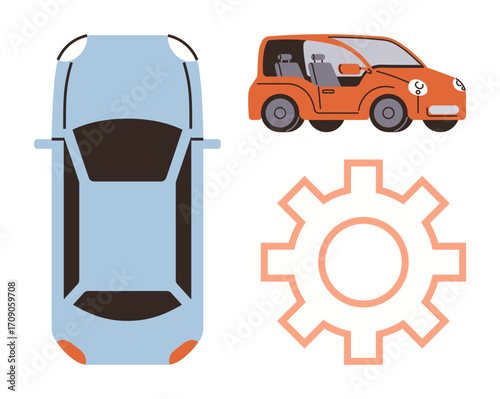 Blue car top view, orange vehicle side view, gear icon. Ideal for automotive design, innovation, technology, mobility, transportation manufacturing future concepts. Clean simple flat metaphor