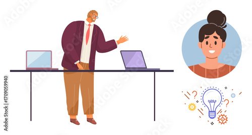 Businessman presenting ideas with dual laptops on a desk, engaging with a team member via virtual collaboration. Ideal for teamwork, communication, education, innovation, leadership, remote work