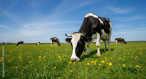 Black and White Dairy Cow Grazing in Green Meadow Under Blue Sky