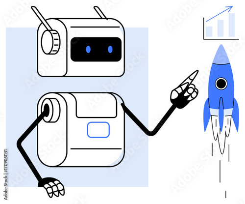 Robot pointing to a launching rocket and growth chart symbolizing technology, innovation, advancement, automation, business growth, success, and futuristic concepts. Ideal for innovation, automation