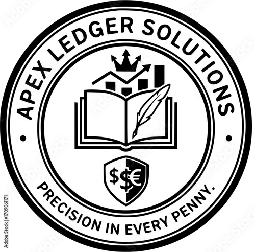 Apex Ledger Solutions Emblem: Circular Black and White Vector Logo with Open Book, Quill, Financial Growth Charts, Crown, Currency Shield, and 'Precision In Every Penny' Motto.