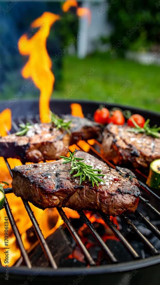 Grilled steak with rosemary and spices on hot flames outdoor barbecue, backyard barbecue party preparation Grilled steak with rosemary and spices on hot flames outdoor barbecue, backyard barbecue party preparation