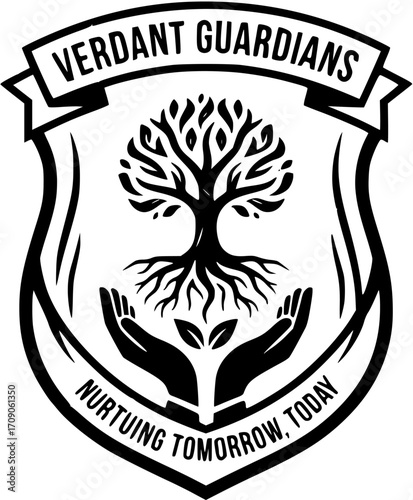 Verdant Guardians Eco-Friendly Logo featuring a stylized tree, nurturing hands, and the slogan 'Nurturing Tomorrow, Today' enclosed within a protective shield emblem design.