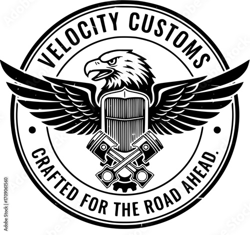 Velocity Customs Logo: Eagle, Car Grille, and Crossed Pistons Design