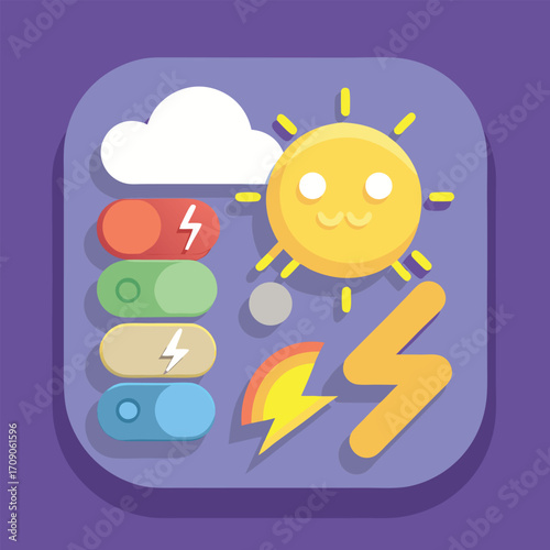 Weather app interface with cute sun and lightning icons