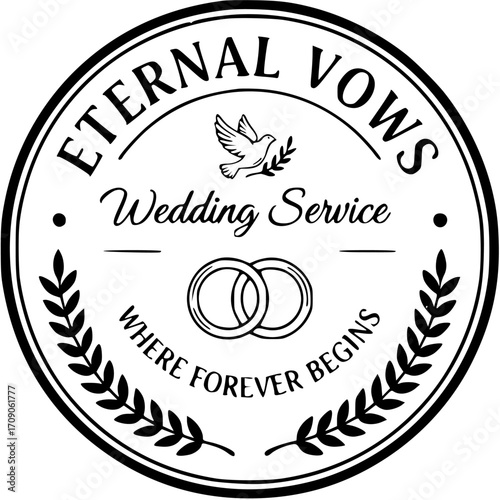 Eternal Vows Wedding Service Logo Design with Rings, Dove, and Laurel Wreath, Black and White Vector Illustration
