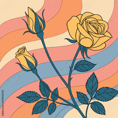 Yellow rose and buds with blue leaves against wavy background
