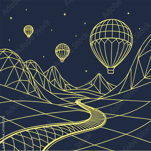 Yellow hot air balloons over abstract mountain landscape at night