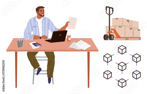 Man working at desk with laptop, documents, coffee pallet of boxes on hand truck, connected blockchain cubes. Ideal for logistics, supply chain, blockchain, technology, business management