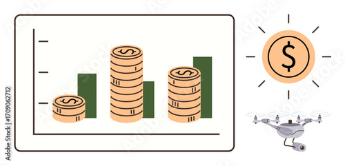 Bar chart with rising coin stacks, dollar symbol highlighting wealth, and quadcopter representing innovation. Ideal for finance, business strategy, growth, technology, innovation, startups simple flat