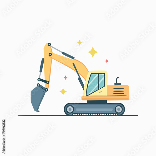 Clean and simple flat vector icon of a vibrant yellow excavator, representing heavy construction machinery with a modern, minimalist aesthetic and sharp lines