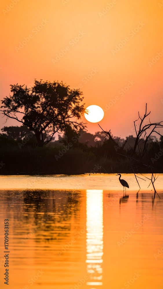 Fototapeta premium Sunrise over a tranquil river, silhouetted trees and bird