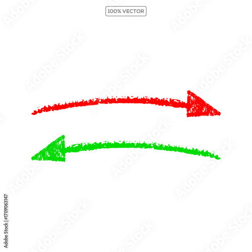 Hand-Drawn  Red down arrow and green up arrow isolated on transparent background