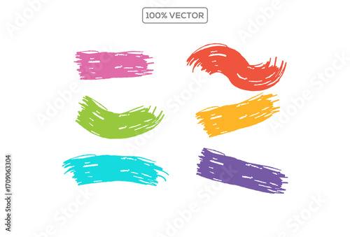 Collection of diverse colorful ink brush stroke textures and shapes isolated on a clean  for graphic design elements