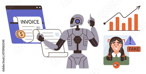 AI robot handling invoice processing, combating deepfake content, and analyzing business growth charts. Ideal for finance automation, fraud detection, data analysis, AI ethics, technology