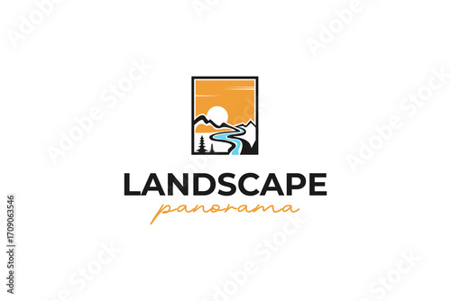 Winding Road River with Panorama View Logo design vector inspiration.